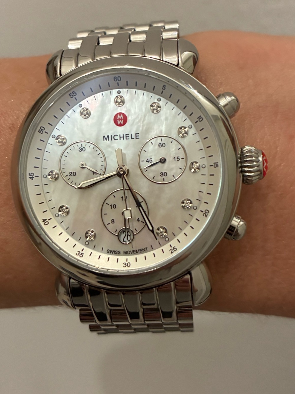 Michele Silver Stainless Steel Chronograph with Mother-of-Pearl Dial